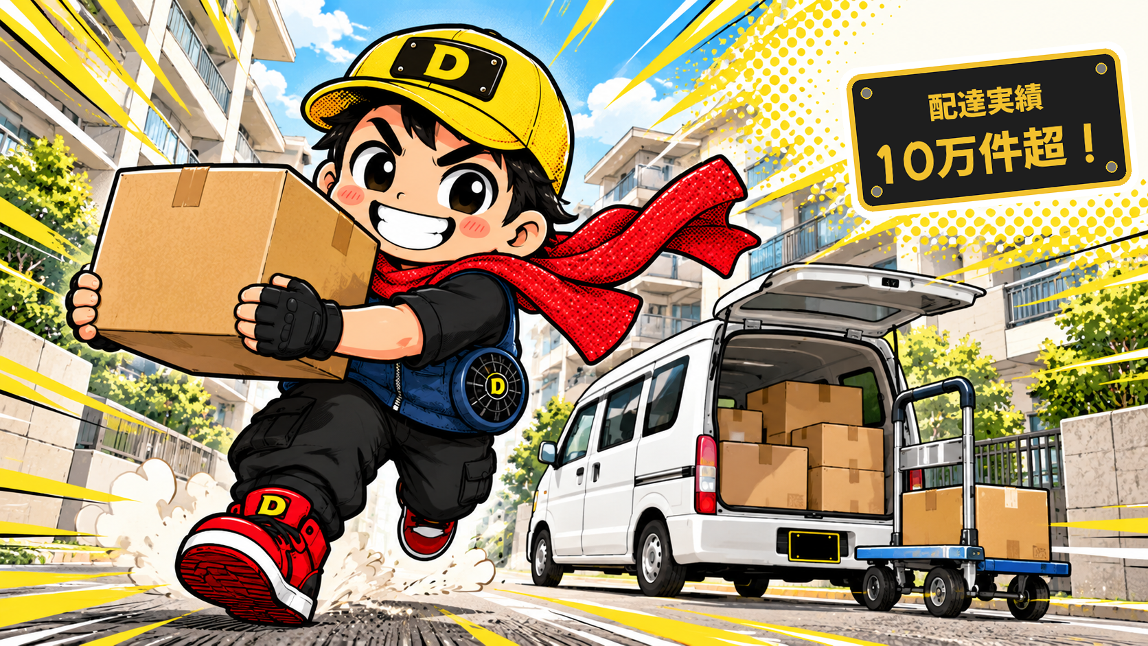 荷物を抱えて走る配達員のだいし(配達実績10万件超)
